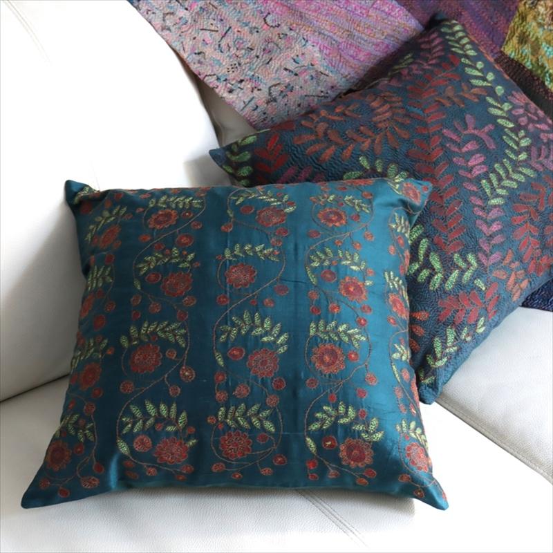 カンタ刺繍　シルク　クッションカバー39×39cmブルーグリーン　フラワートレリス | ブランド登録なし | 04