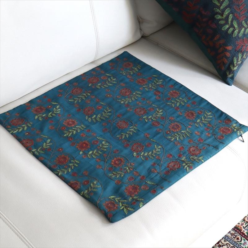 カンタ刺繍　シルク　クッションカバー39×39cmブルーグリーン　フラワートレリス | ブランド登録なし | 05