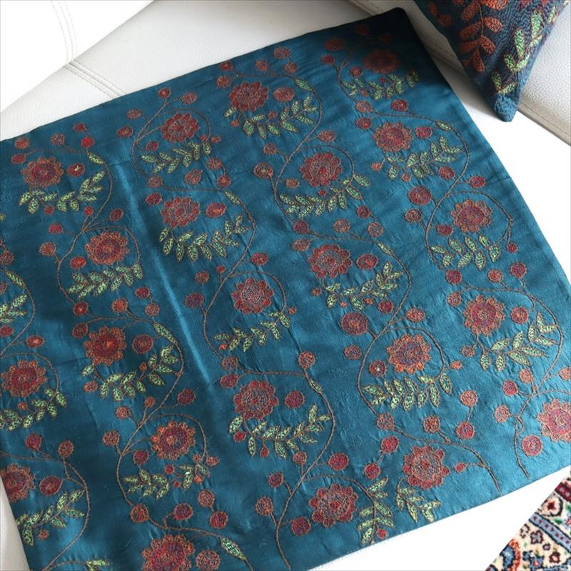 カンタ刺繍　シルク　クッションカバー39×39cmブルーグリーン　フラワートレリス | ブランド登録なし | 06