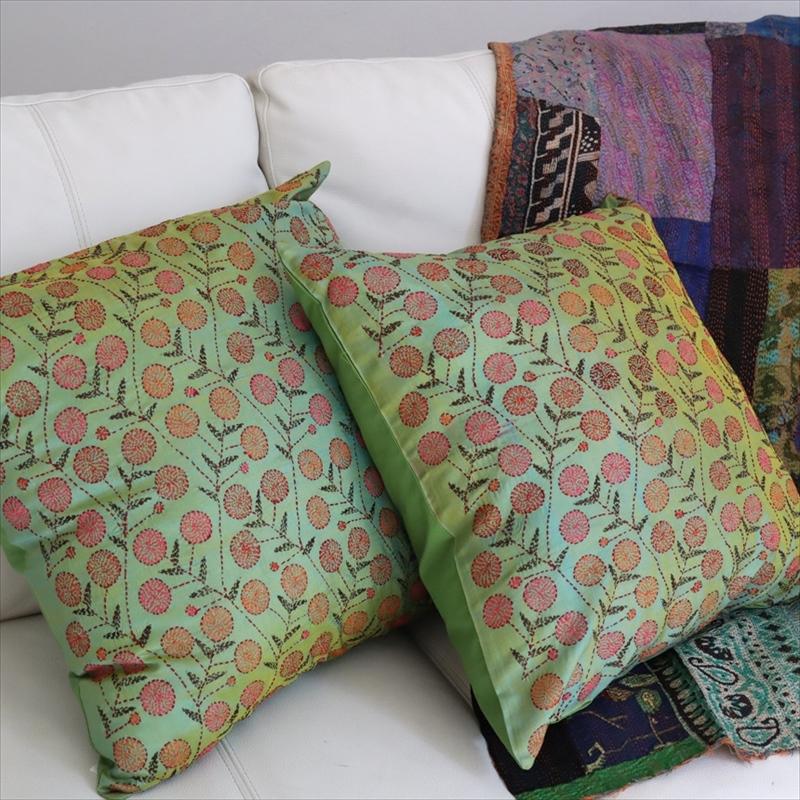 カンタ刺繍　シルク　クッションカバー44×44cmグリーンサテン　ザクロの実 | ブランド登録なし | 05