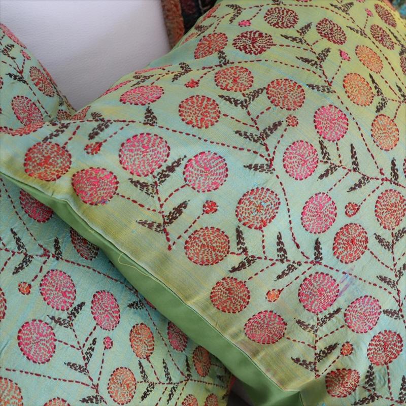 カンタ刺繍　シルク　クッションカバー44×44cmグリーンサテン　ザクロの実 | ブランド登録なし | 06