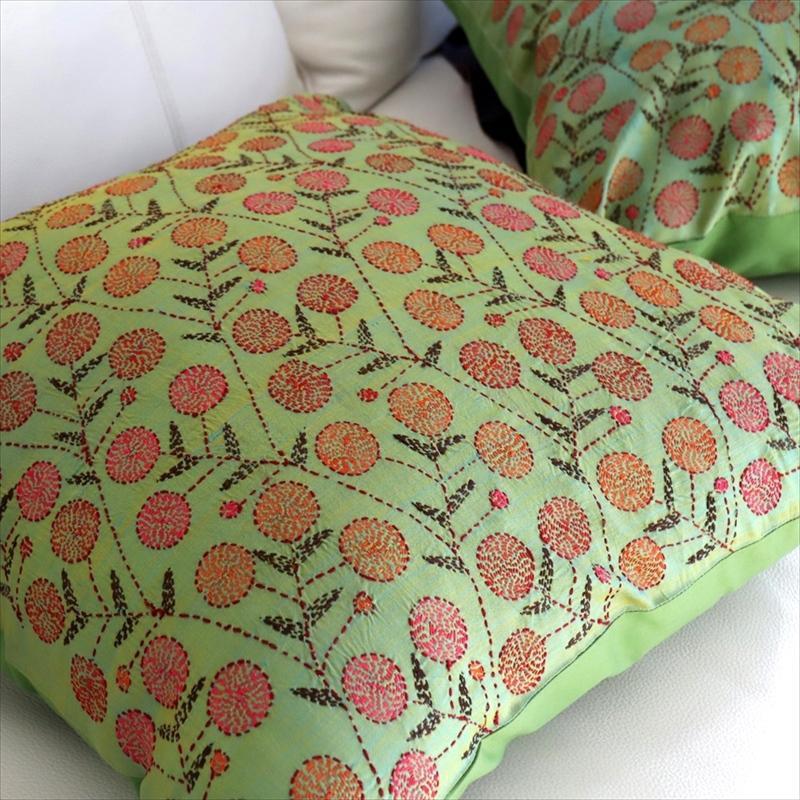 カンタ刺繍　シルク　クッションカバー45×45cmグリーンサテン　ザクロの実 | ブランド登録なし | 01