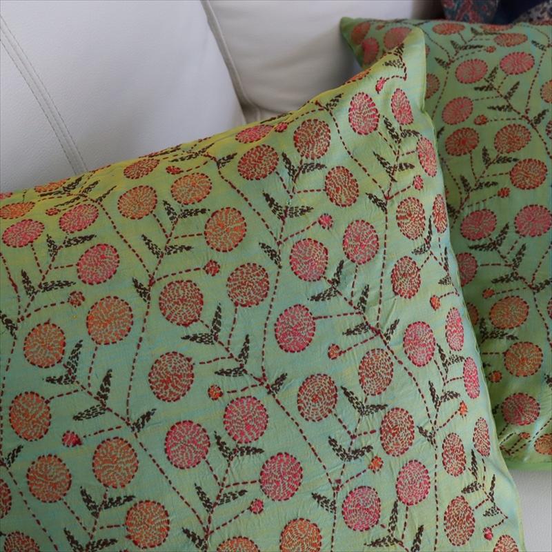 カンタ刺繍　シルク　クッションカバー45×45cmグリーンサテン　ザクロの実 | ブランド登録なし | 02