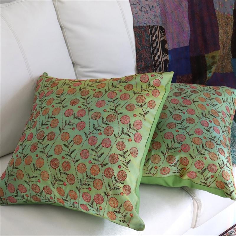 カンタ刺繍　シルク　クッションカバー45×45cmグリーンサテン　ザクロの実 | ブランド登録なし | 04