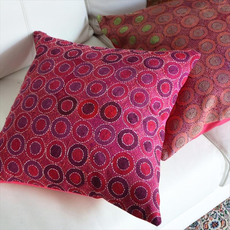 カンタ刺繍　シルク　クッションカバー40×39cmフューシャ　サークルパターン | ブランド登録なし | 05