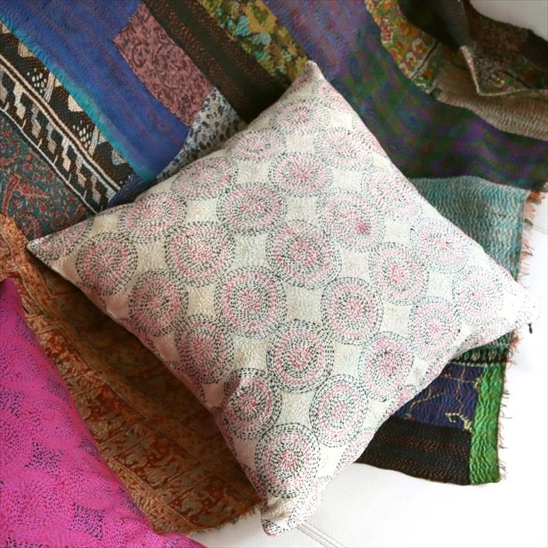 カンタ刺繍　シルク　クッションカバー39×39cmベージュ　サークルパターン | ブランド登録なし | 01