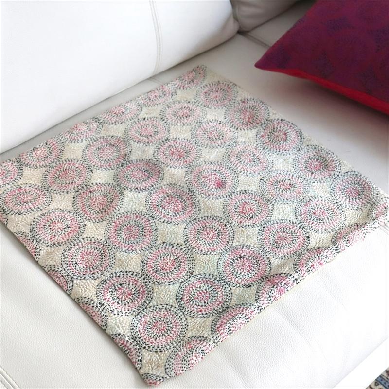 カンタ刺繍　シルク　クッションカバー39×39cmベージュ　サークルパターン | ブランド登録なし | 06