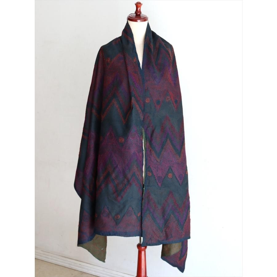 インドの古布 カンタ刺繍 シルクストール Kantha embroidery, India210x78cm 刺し子 ジグザグと円型/ネイビー＆グリーン | ブランド登録なし | 01