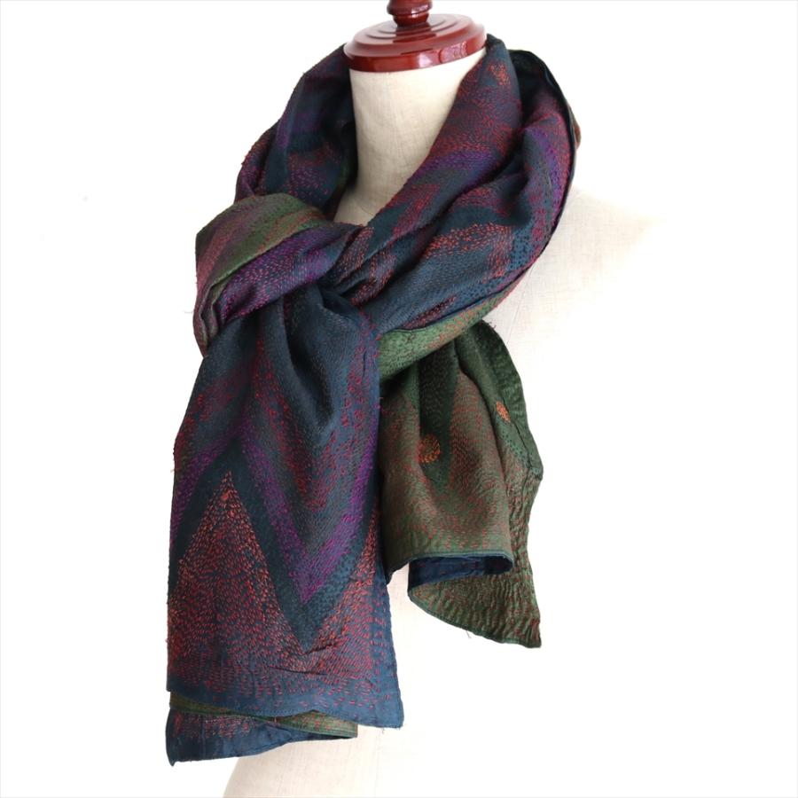 インドの古布 カンタ刺繍 シルクストール Kantha embroidery, India210x78cm 刺し子 ジグザグと円型/ネイビー＆グリーン | ブランド登録なし | 10