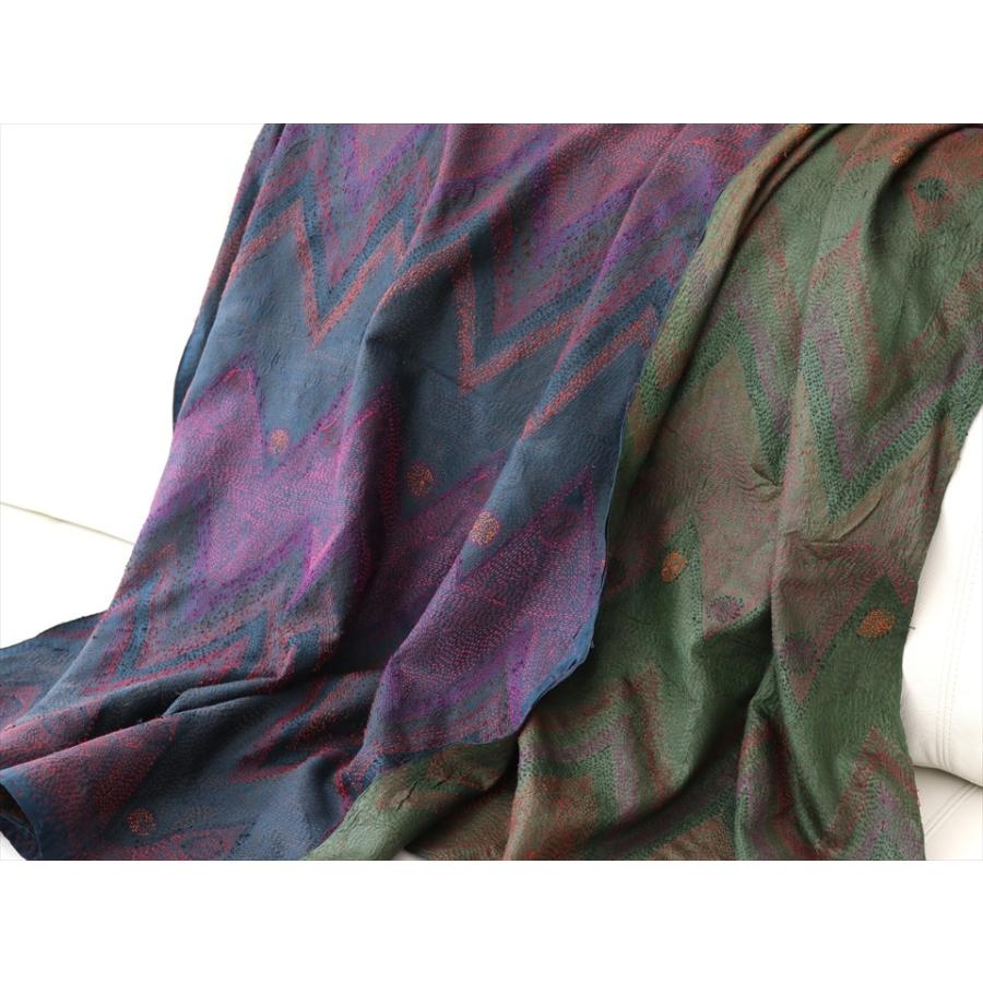 インドの古布 カンタ刺繍 シルクストール Kantha embroidery, India210x78cm 刺し子 ジグザグと円型/ネイビー＆グリーン | ブランド登録なし | 11