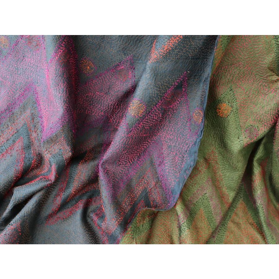 インドの古布 カンタ刺繍 シルクストール Kantha embroidery, India210x78cm 刺し子 ジグザグと円型/ネイビー＆グリーン | ブランド登録なし | 12