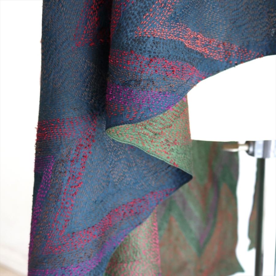 インドの古布 カンタ刺繍 シルクストール Kantha embroidery, India210x78cm 刺し子 ジグザグと円型/ネイビー＆グリーン | ブランド登録なし | 04