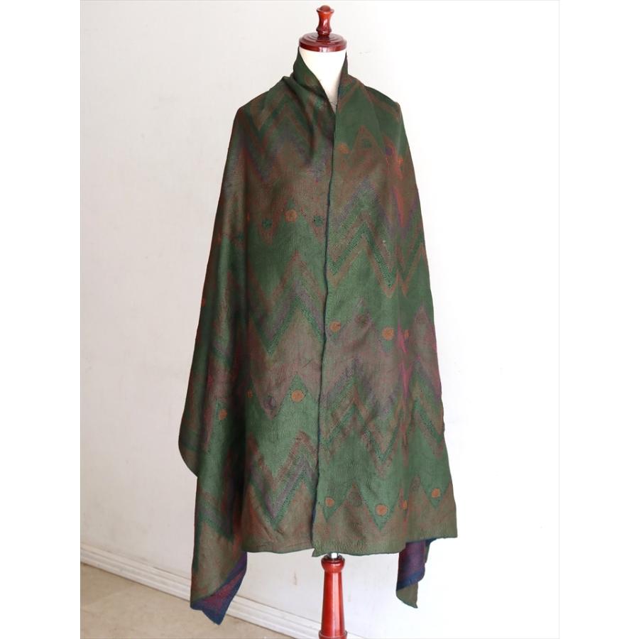 インドの古布 カンタ刺繍 シルクストール Kantha embroidery, India210x78cm 刺し子 ジグザグと円型/ネイビー＆グリーン | ブランド登録なし | 05