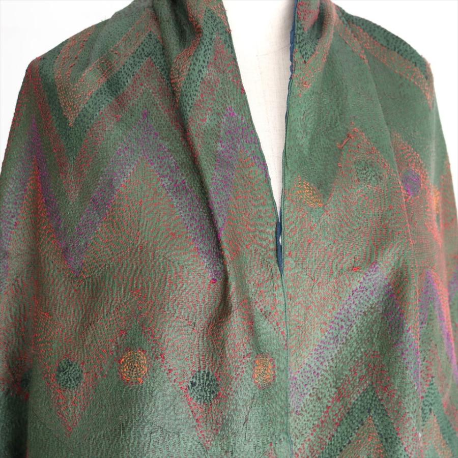 インドの古布 カンタ刺繍 シルクストール Kantha embroidery, India210x78cm 刺し子 ジグザグと円型/ネイビー＆グリーン | ブランド登録なし | 06