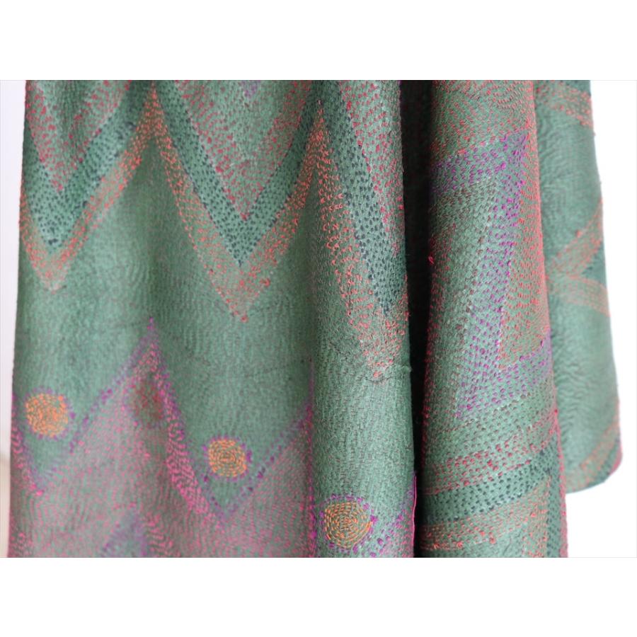 インドの古布 カンタ刺繍 シルクストール Kantha embroidery, India210x78cm 刺し子 ジグザグと円型/ネイビー＆グリーン | ブランド登録なし | 07