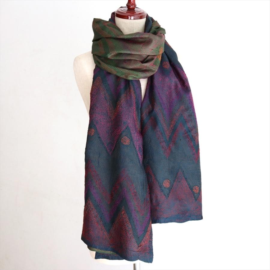 インドの古布 カンタ刺繍 シルクストール Kantha embroidery, India210x78cm 刺し子 ジグザグと円型/ネイビー＆グリーン | ブランド登録なし | 08