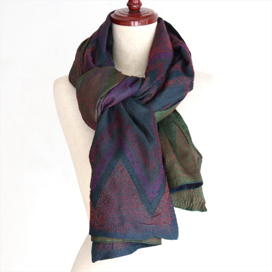 インドの古布 カンタ刺繍 シルクストール Kantha embroidery, India210x78cm 刺し子 ジグザグと円型/ネイビー＆グリーン | ブランド登録なし | 09