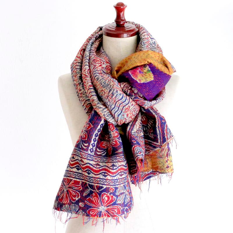 カンタ刺繍 シルクストール Kantha embroidery, India 幅広 リサイクルサリー | ブランド登録なし