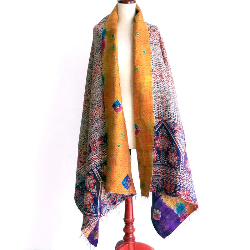 カンタ刺繍 シルクストール Kantha embroidery, India 幅広 リサイクルサリー | ブランド登録なし | 01
