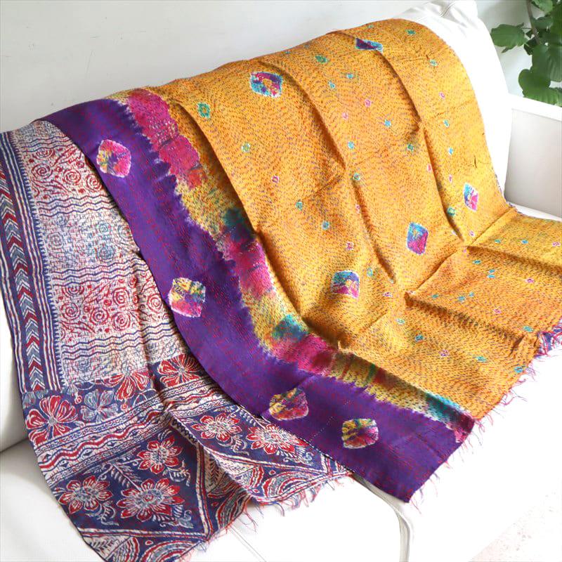 カンタ刺繍 シルクストール Kantha embroidery, India 幅広 リサイクルサリー | ブランド登録なし | 08