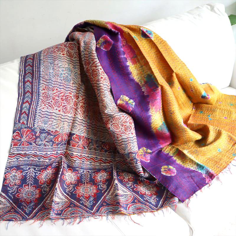 カンタ刺繍 シルクストール Kantha embroidery, India 幅広 リサイクルサリー | ブランド登録なし | 09