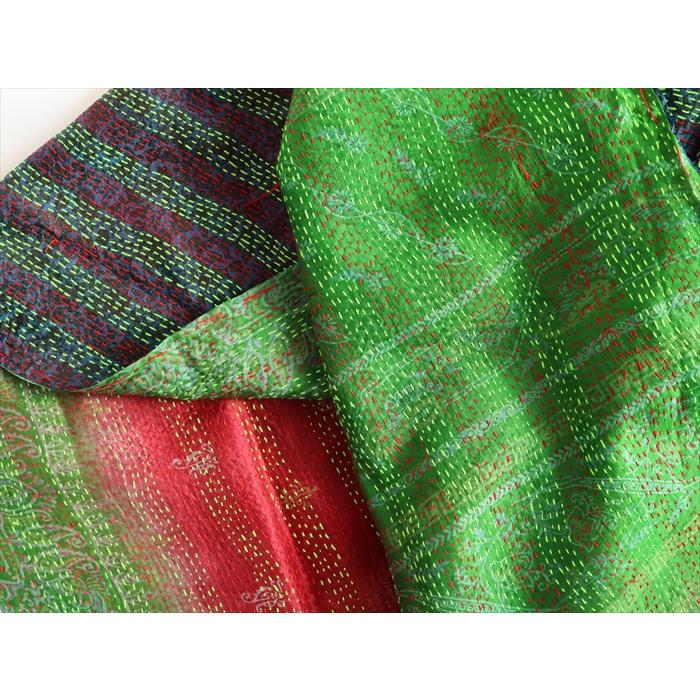 インドの古布 カンタ刺繍 シルクストール Kantha embroidery, India  213x91cm 刺し子 赤と黄色の刺繍 | ブランド登録なし | 08