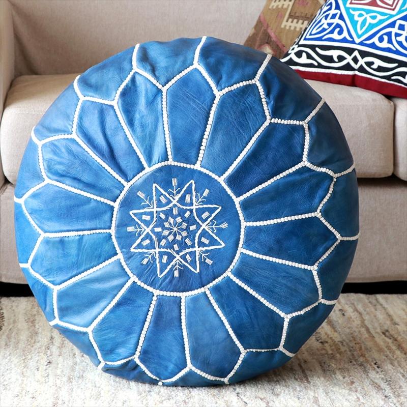 Moroccan POUF Blue モロッコ プフφ50cm ヤギ革 ブルー オットマン