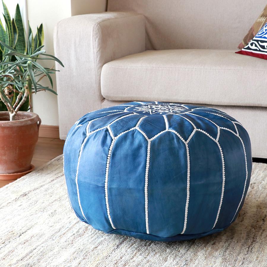 Moroccan POUF Blue モロッコ プフφ50cm ヤギ革 ブルー オットマン