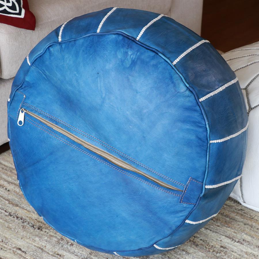 Moroccan POUF Blue モロッコ プフφ50cm ヤギ革 ブルー オットマン