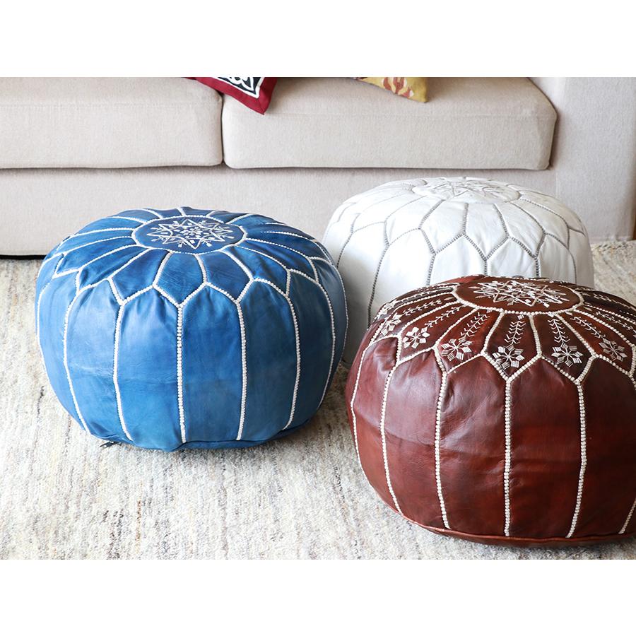 Moroccan POUF Blue モロッコ プフφ50cm ヤギ革 ブルー オットマン