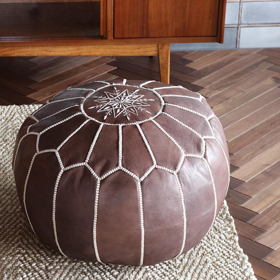 【美品】モロッコプフ / オットマン / インテリア / ブラウン Moroccan POUF Dark Brown モロッコ プフφ50cm ヤギ革 ブラウン