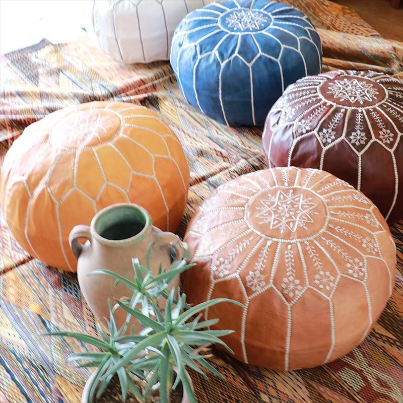 Moroccan POUF Yellow モロッコ プフφ50cm ヤギ革 イエロー オットマン 