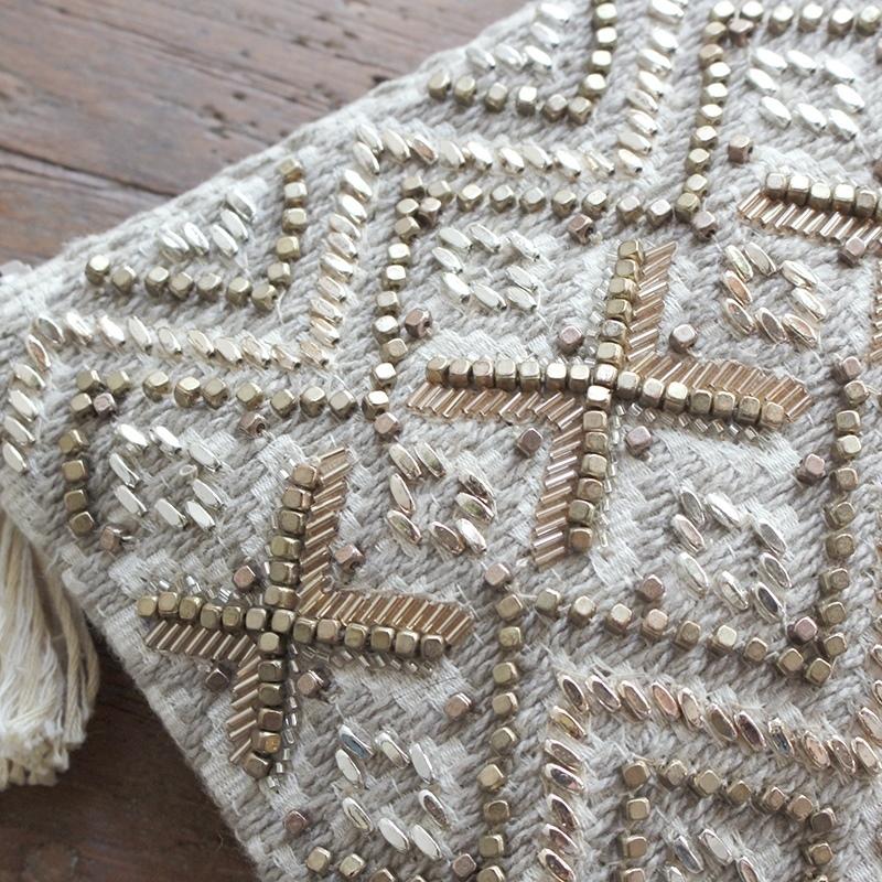 刺繍＆ビーズ装飾フラットポーチ タッセル付き/小物入れ/コスメポーチ 化粧ポーチ/綿100％   ゴールド | ブランド登録なし | 02