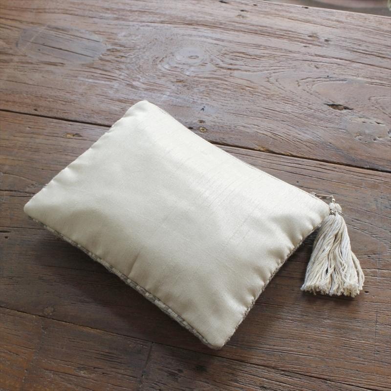 刺繍＆ビーズ装飾フラットポーチ タッセル付き/小物入れ/コスメポーチ 化粧ポーチ/綿100％   ゴールド | ブランド登録なし | 03