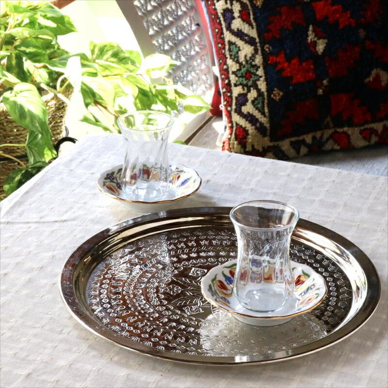 銅製の丸盆 シルバー 直径28cm  手作り＆手彫り 花と葉と波のモチーフ/Silver Tray hand made | ブランド登録なし | 02