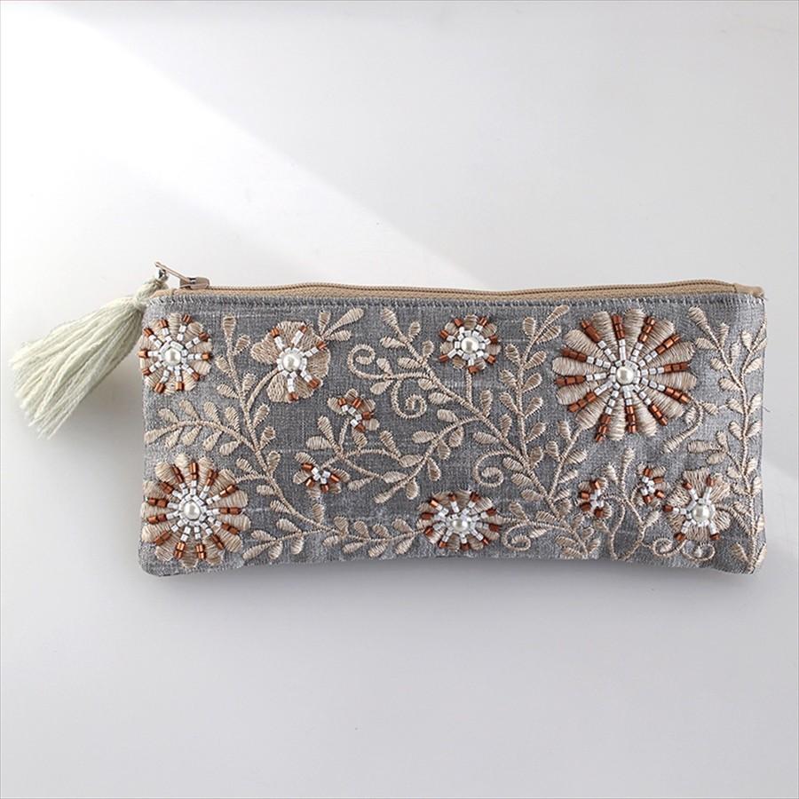 花柄刺繍＆ビーズ装飾細長ポーチ タッセル付き/小物入れ/コスメポーチ ペンケース/シルバーグレー | ブランド登録なし | 01