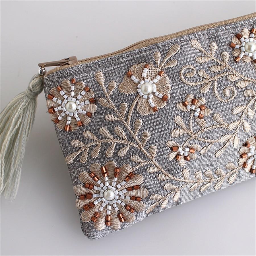 花柄刺繍＆ビーズ装飾細長ポーチ タッセル付き/小物入れ/コスメポーチ ペンケース/シルバーグレー | ブランド登録なし | 02