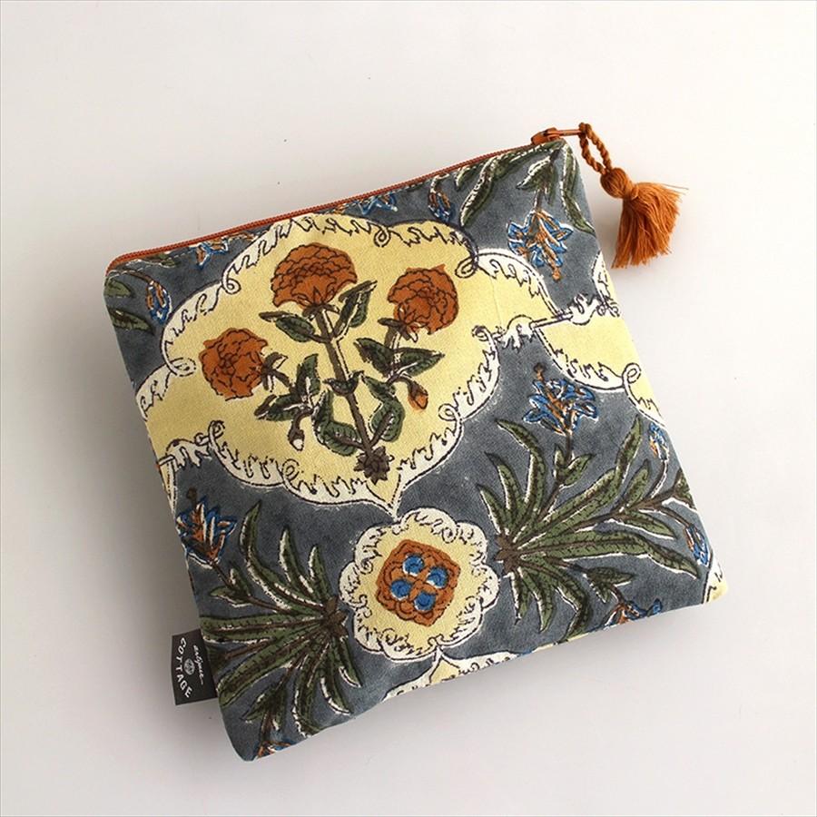 木版ブロックプリント　コットンのフラットポーチ ブルー タッセル付き/両面違うデザイン | ブランド登録なし | 01