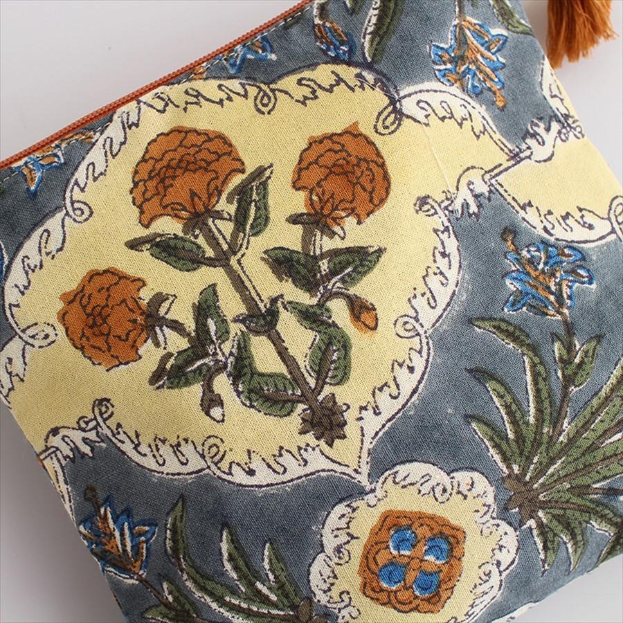 木版ブロックプリント　コットンのフラットポーチ ブルー タッセル付き/両面違うデザイン | ブランド登録なし | 03