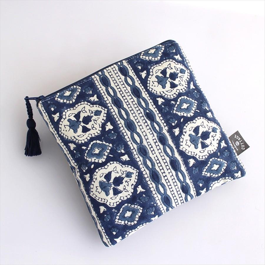木版ブロックプリント　コットンのフラットポーチ ネイビーブルー タッセル付き/両面違うデザイン | ブランド登録なし