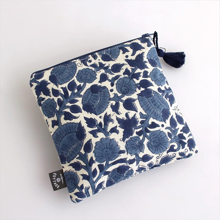 木版ブロックプリント　コットンのフラットポーチ ネイビーブルー タッセル付き/両面違うデザイン | ブランド登録なし | 01