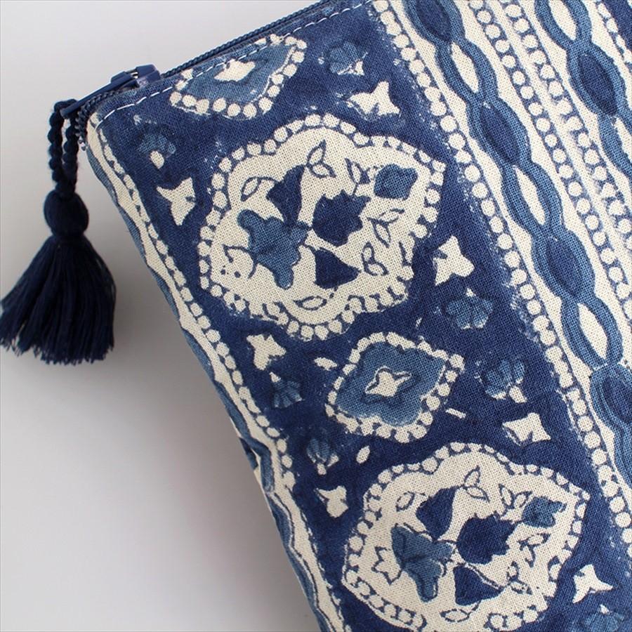 木版ブロックプリント　コットンのフラットポーチ ネイビーブルー タッセル付き/両面違うデザイン | ブランド登録なし | 02