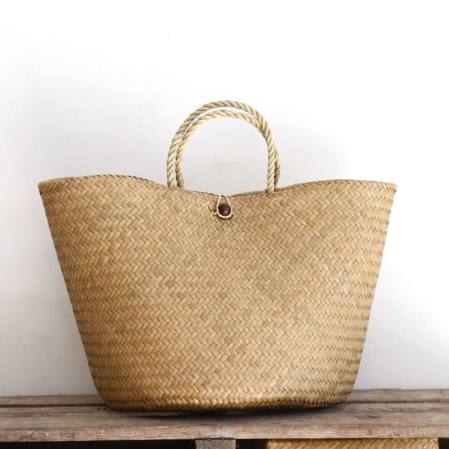 かごバッグ タイ製　ナチュラルカラー　カチュー水草　二重のラウンドバスケット 大　Basket Asian straw basket, Thailand | ブランド登録なし