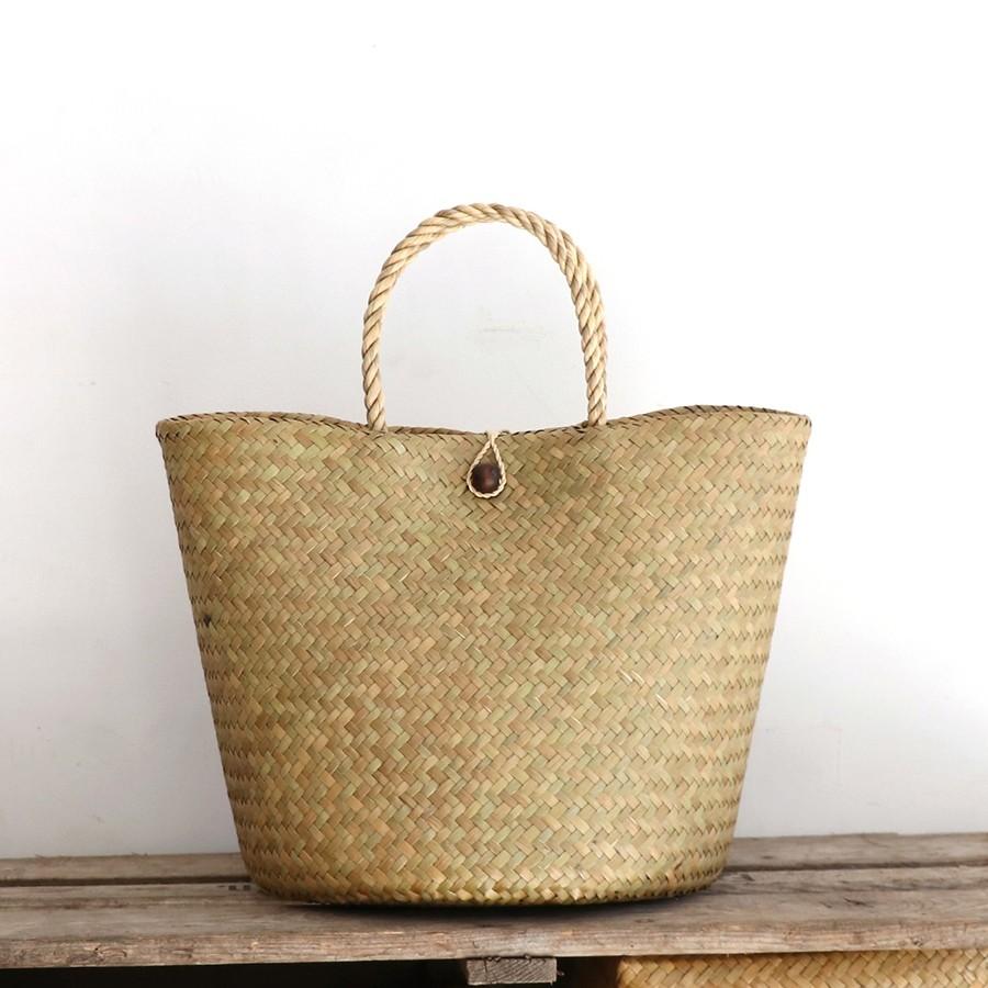 かごバッグ タイ製　ナチュラルカラー　カチュー水草　二重のラウンドバスケット 中　Basket Asian straw basket, Thailand | ブランド登録なし