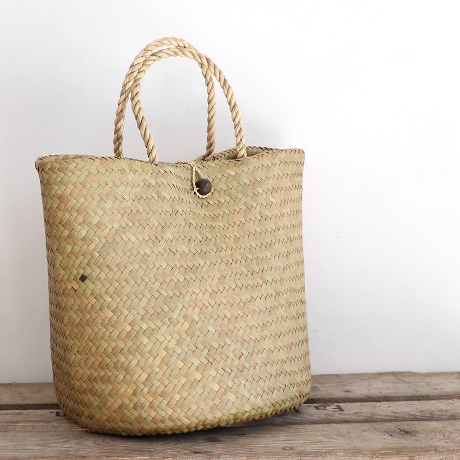 かごバッグ タイ製　ナチュラルカラー　カチュー水草　二重のラウンドバスケット 中　Basket Asian straw basket, Thailand | ブランド登録なし | 01