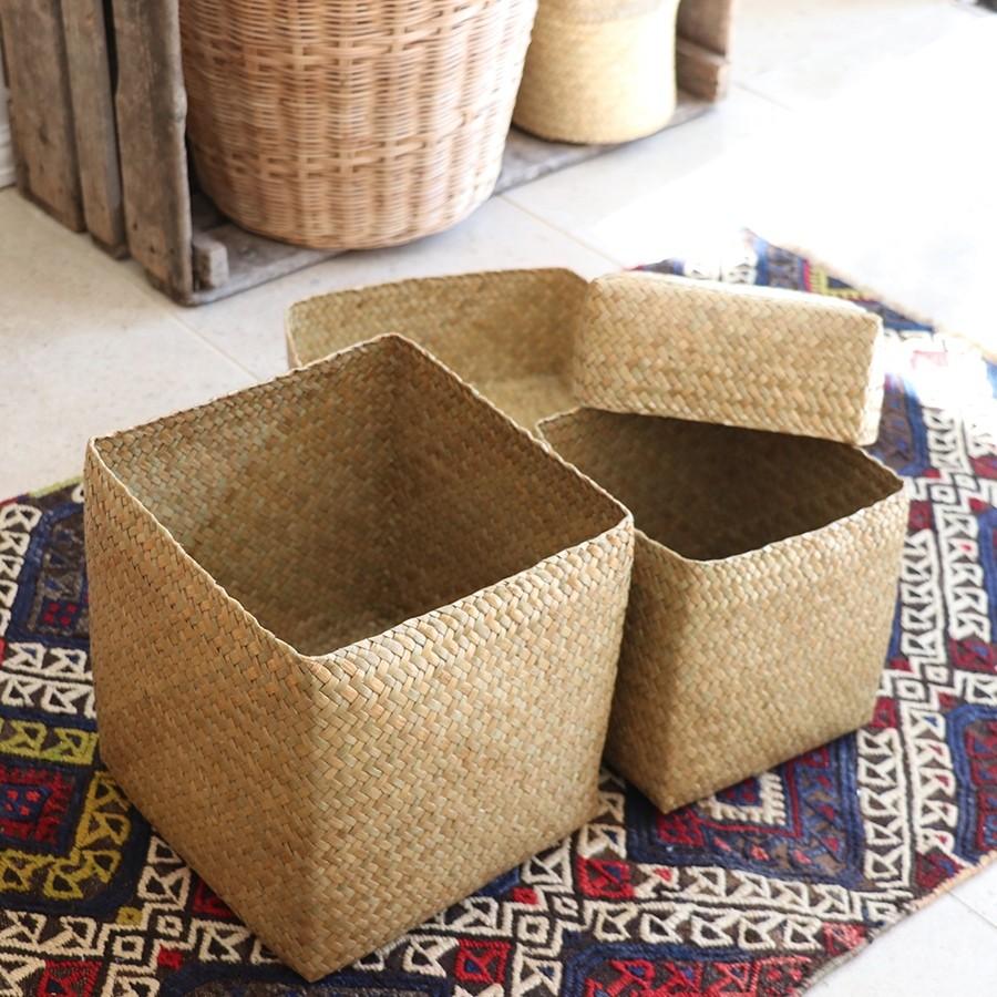 かごバスケット タイ製 ナチュラルカラー カチュー水草 ふた付