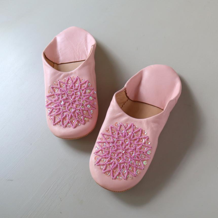 Morocco Babouche バブーシュ ビーズ/ピンク＆ピンク/24cm Moroccan Slippers/革のスリッパ/羊革/モロッコ製 | ブランド登録なし