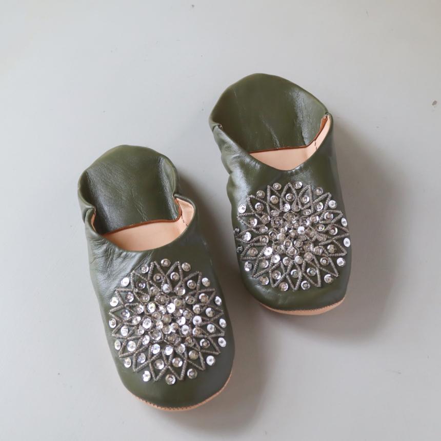 Morocco Babouche バブーシュ ビーズ/オリーブ&シルバー/24cm Moroccan Slippers/革のスリッパ/羊革/モロッコ製し | ブランド登録なし
