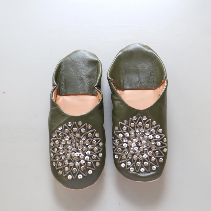Morocco Babouche バブーシュ ビーズ/オリーブ&シルバー/24cm Moroccan Slippers/革のスリッパ/羊革/モロッコ製し | ブランド登録なし | 01