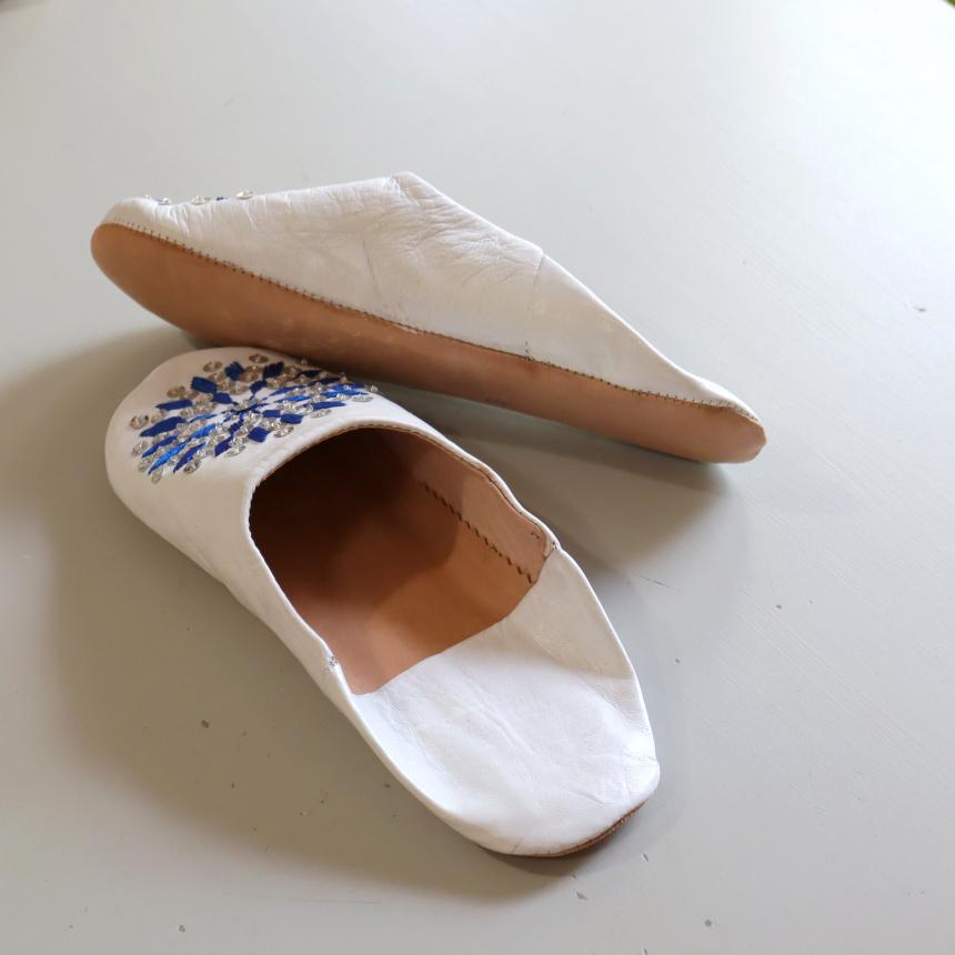Morocco Babouche バブーシュ　刺繍スパンコール/24cm 白＆青＆シルバー |  | 03